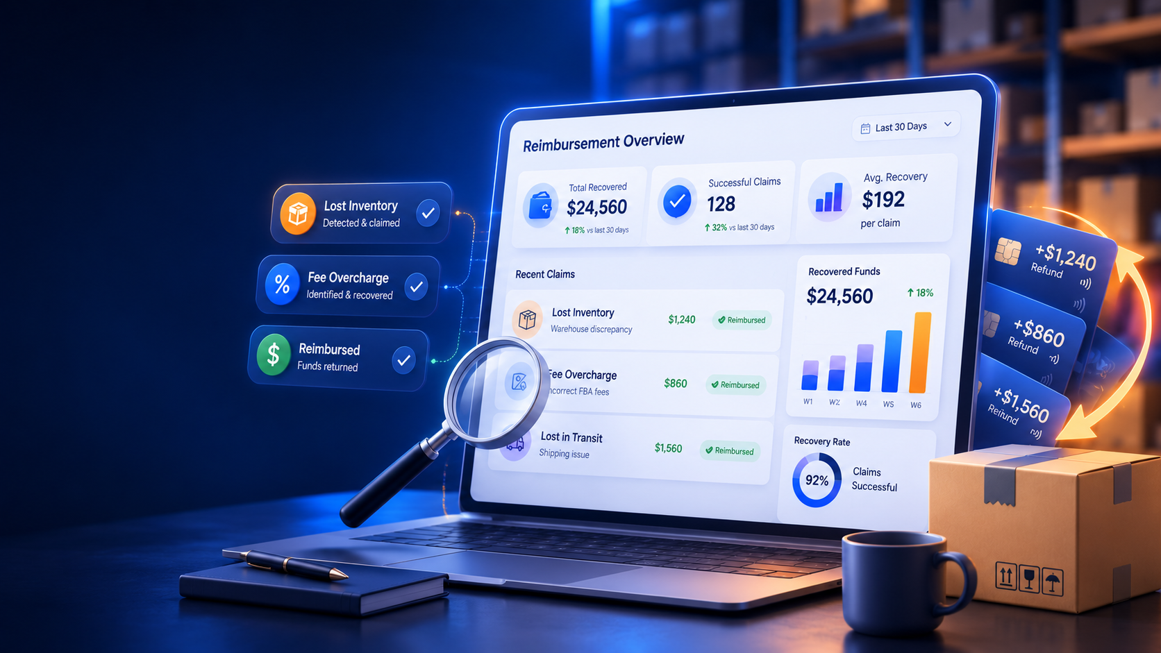 Amazon FBA reimbursement dashboard showing recovered money for lost inventory and fee overcharges