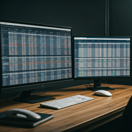 Illustration of a workspace with monitors showing spreadsheets